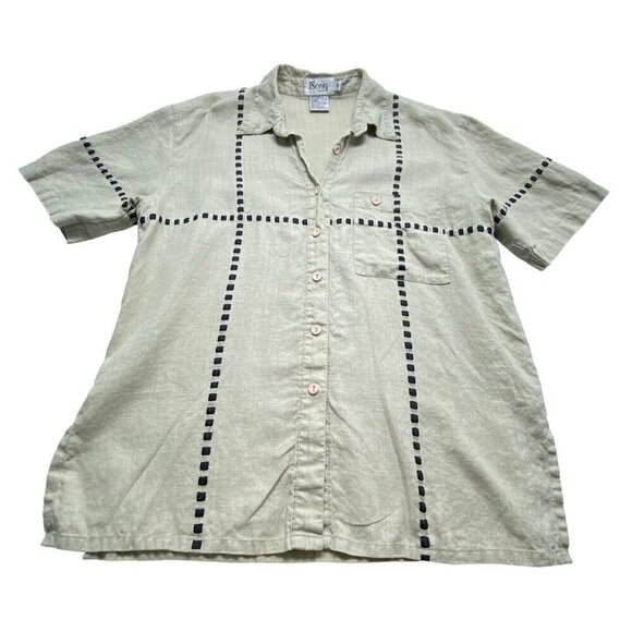JSONG Women Button Front Shirt Short Sleeve 100% Linen Ribbon Beige 10 76-9 - Picture 1 of 8
